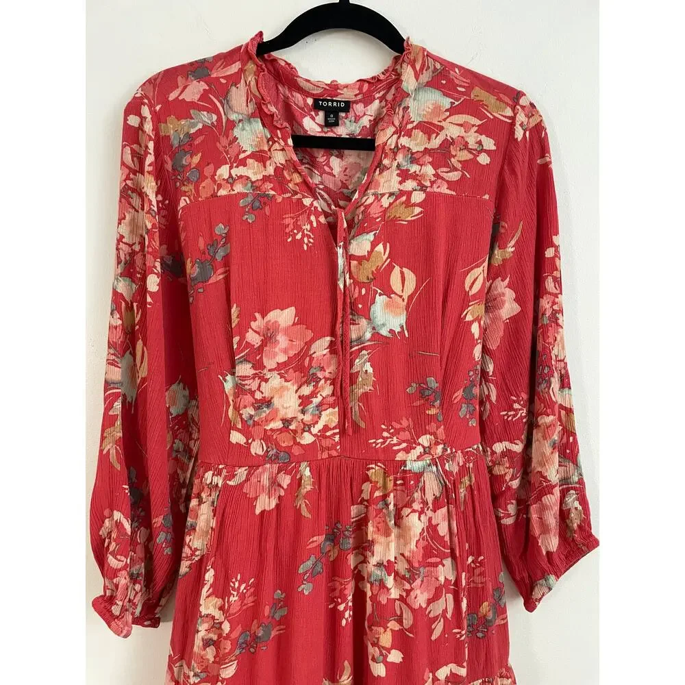 Torrid Voluminous Crinkle Gauze Floral Red Dress | Size 0 (Fits L/12) - Picture 5 of 11